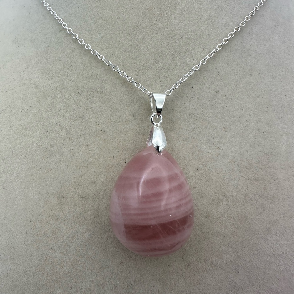 Madagascar Rose Quartz Teardrop Pendant Necklace on Silver Plated Box Chain - Picture 9 of 11